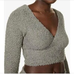 SKIMS grey smoke pant and Cropped Fuzzy Wrap Top Set